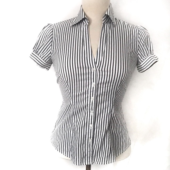 Express Tops - EXPRESS Design Studio White & Gray Stripes Buttons